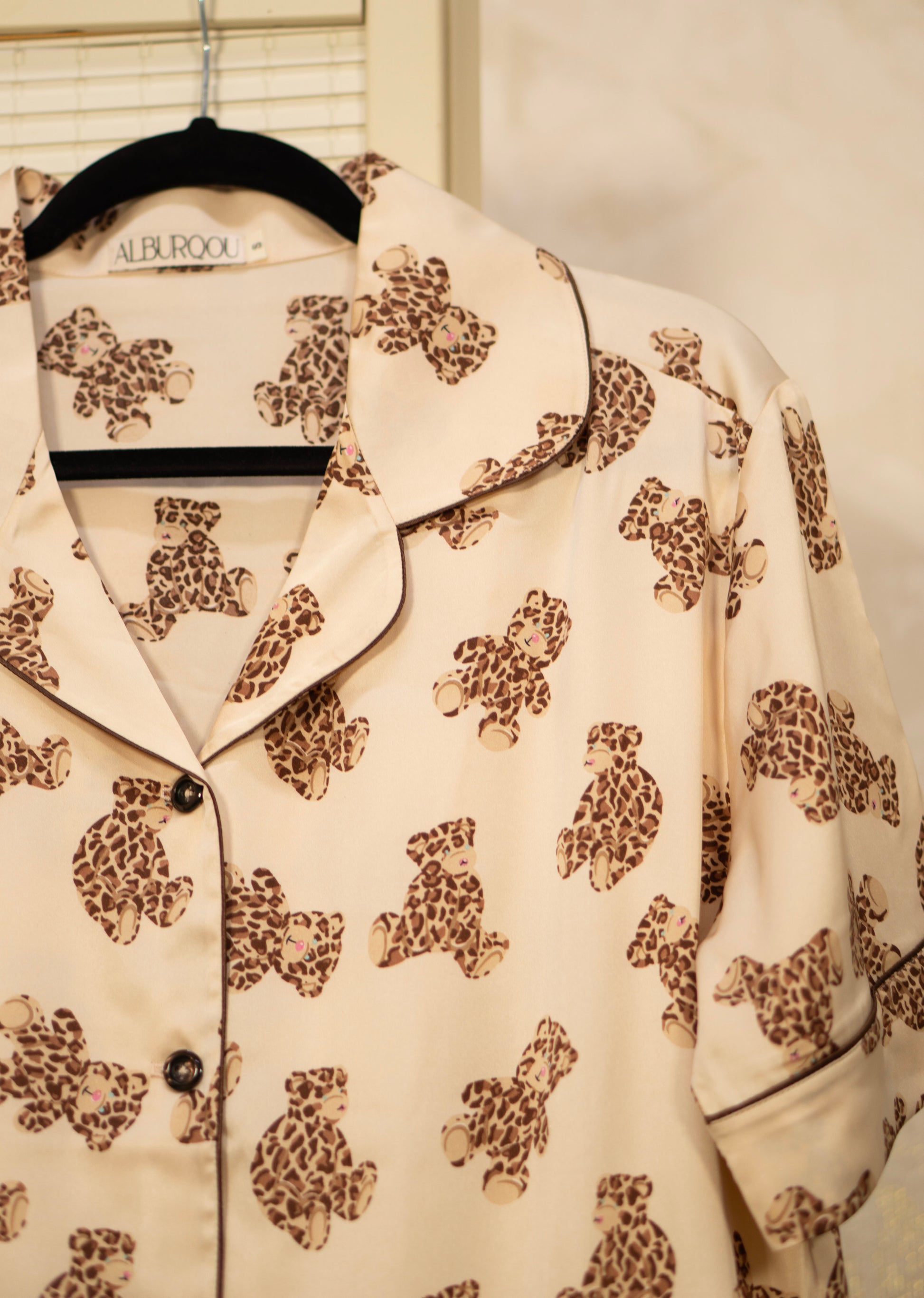 ALBURQOU's Premium Satin Beige PJs with Leopard printed Teddy Bears consists of pajama shirt with collar, short-sleeves and button-down top.