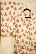 Premium Satin Beige PJs with Leopard printed Teddy Bears consists of pajama shirt with collar, short-sleeves and button-down top, the PJ pants are wide-leg with elastic band