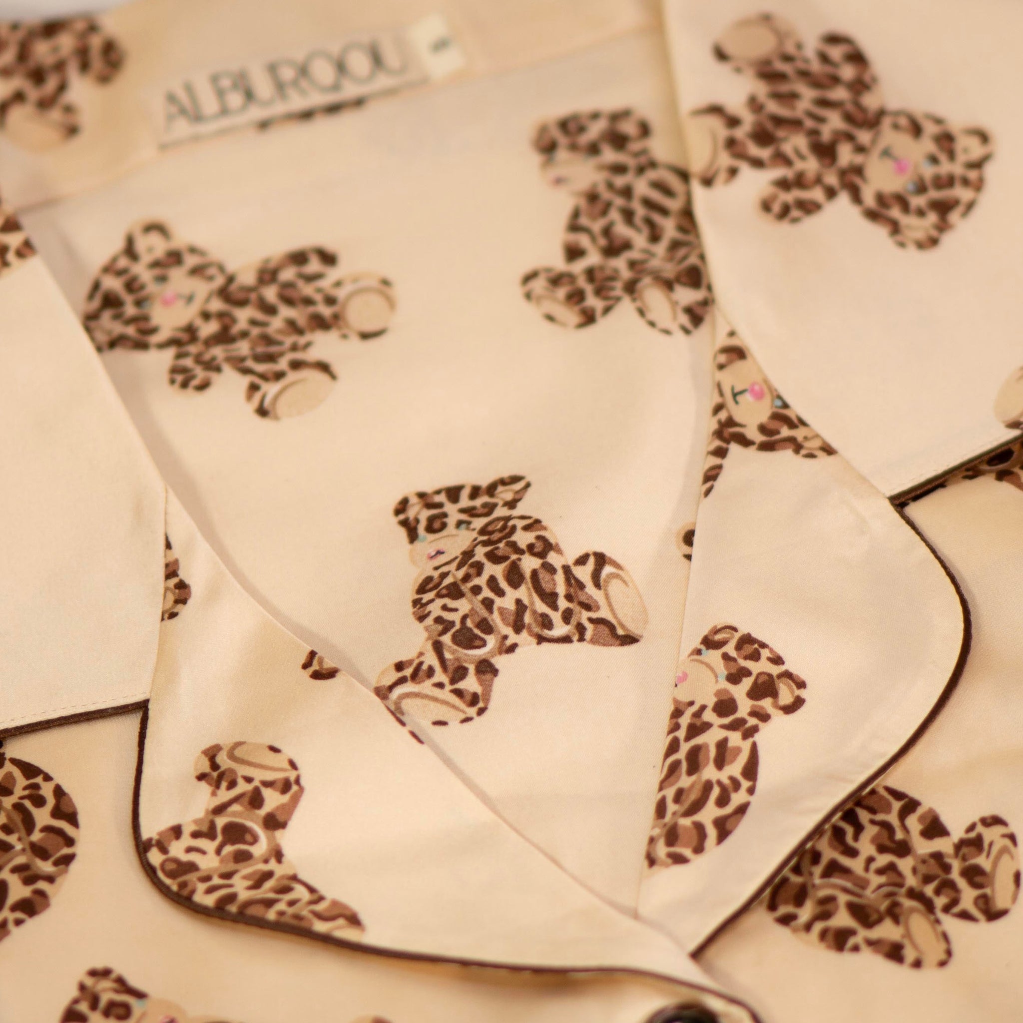 Premium Satin Beige PJs with Leopard printed Teddy Bears consists of pajama shirt with collar, short-sleeves and button-down top