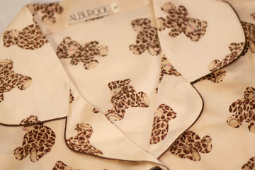 Premium Satin Beige PJs with Leopard printed Teddy Bears consists of pajama shirt with collar, short-sleeves and button-down top