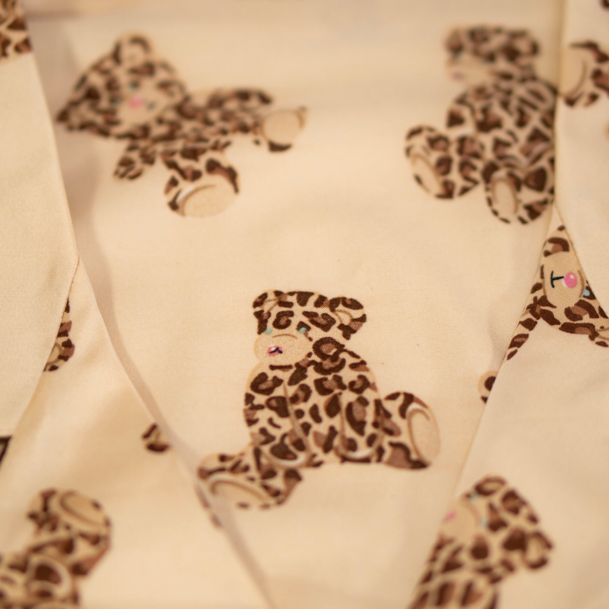 Satin Beige pajama set with brown teddy bear patterns 