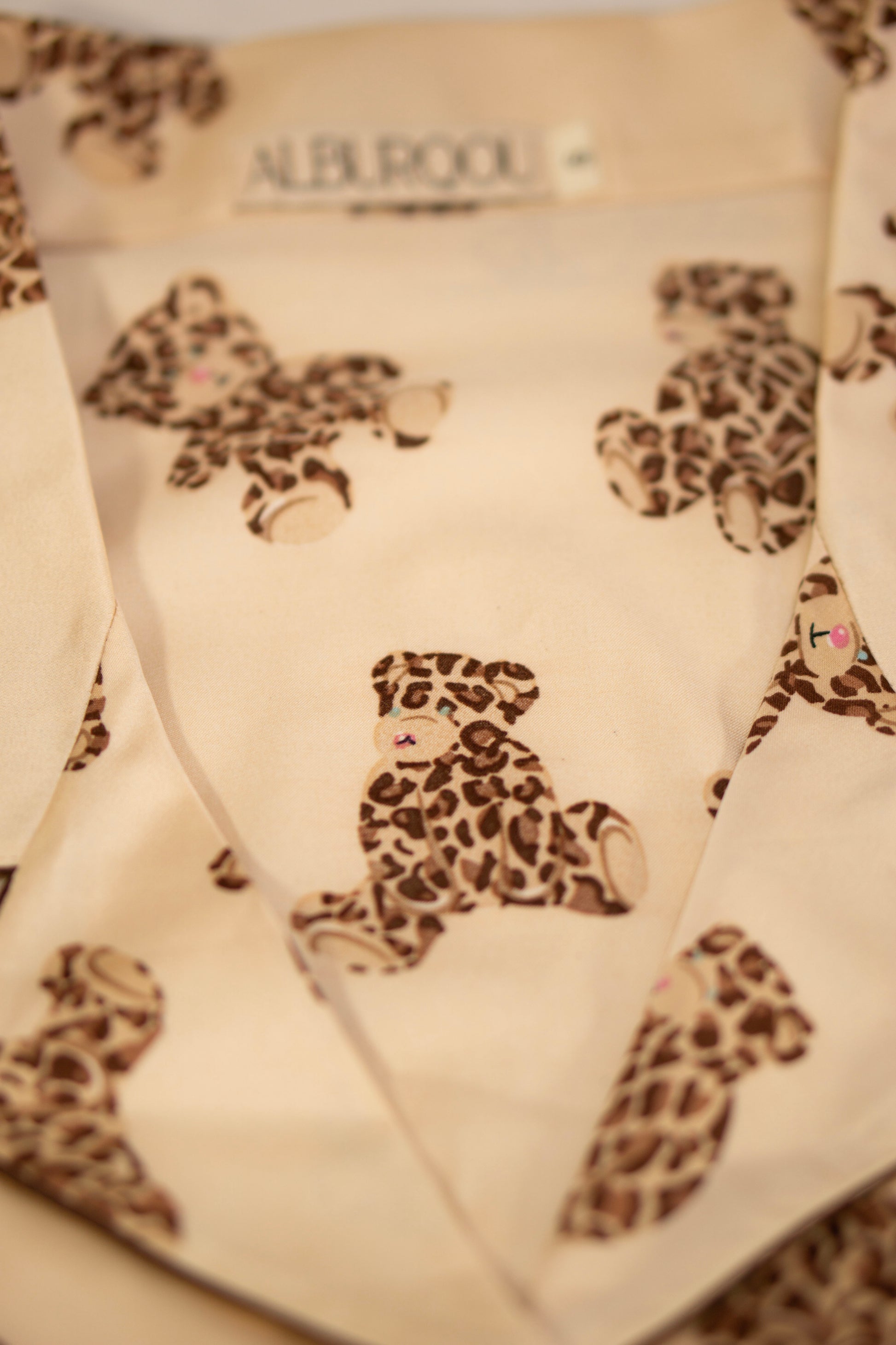 Satin Beige pajama set with brown teddy bear patterns 