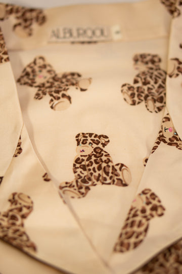 Satin Beige pajama set with brown teddy bear patterns 