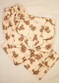 Satin Beige pajama set with brown teddy bear patterns 