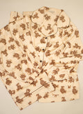 Premium Satin Beige PJs with Leopard printed Teddy Bears consists of pajama shirt with collar, short-sleeves and button-down top, the PJ pants are wide-leg with elastic band