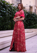Red bohemian printed maxi shirt dress for women with button-down front and modest silhouette, the dress shirt has a solid colour collar and sleeve cuffs. The dress also consist of pockets!
