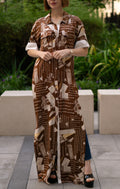 Printed brown shirt dress with side slits, women’s full-length button-down shirt dress featuring artistic script print and short sleeves