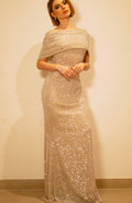 Beige cowl evening dress with silver sequins, floor-length fitted gown for formal occasions