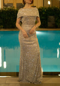 Beige cowl evening dress with silver sequins, floor-length fitted gown for formal occasions