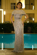 Silver sequin evening dress in beige with modest cowl design