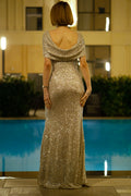 Back view of beige cowl evening dress with silver sequins and draped neckline. The dress is floor length.